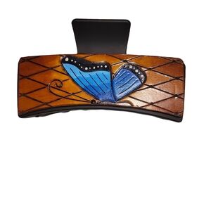 Handcrafted Tooled Genuine Leather Double Sided Butterfly Design Hair Claw Clip